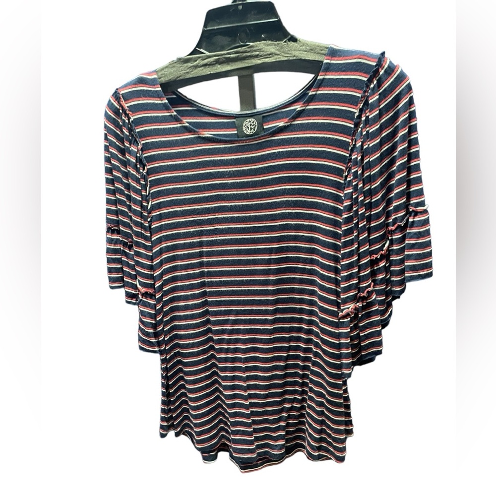 Bobeau Navy Blue White Coral stripes crew neck with flare sleeves with ruffles